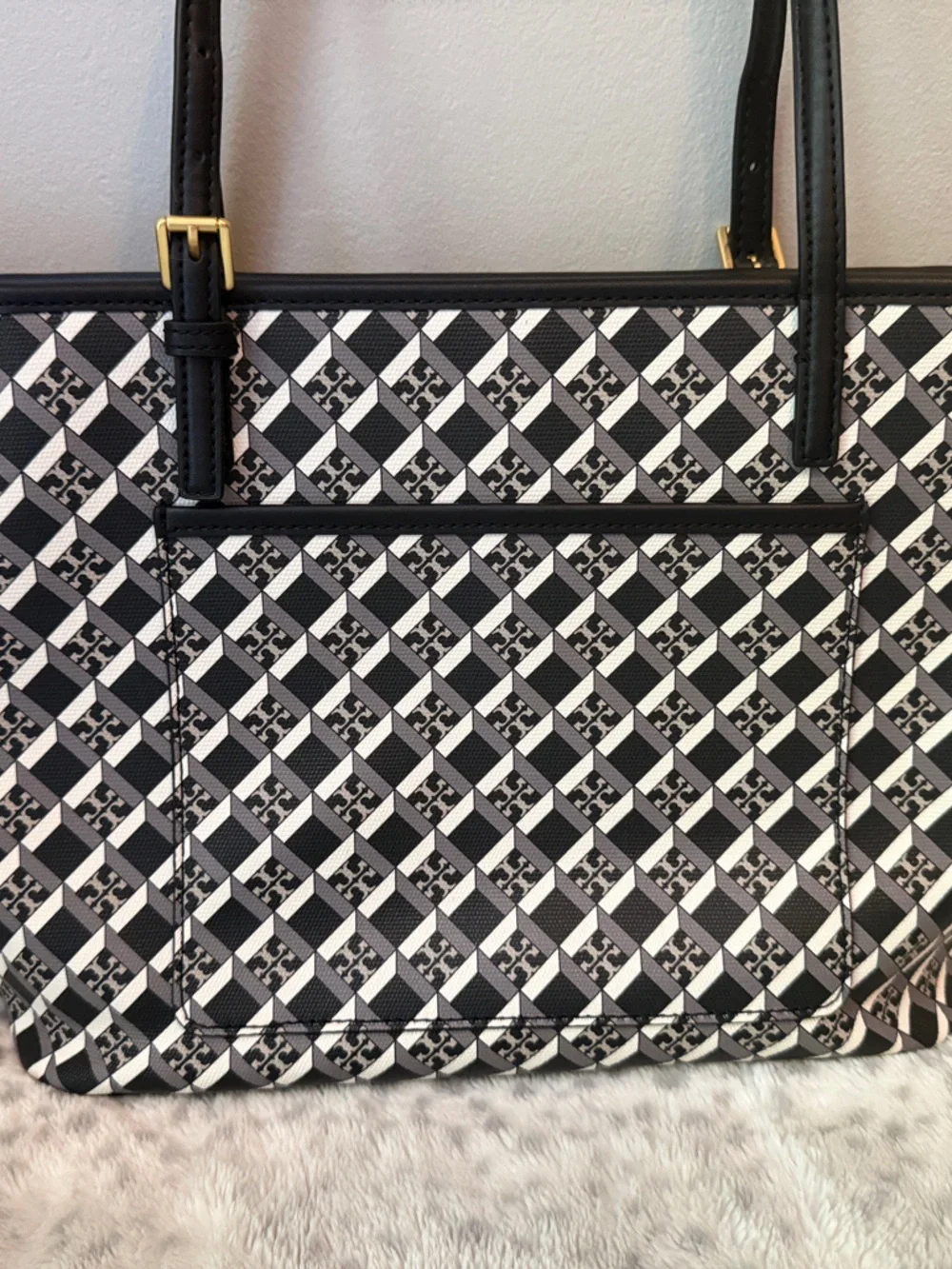 Tory Burch Black and Cream Logo Pattern Tote